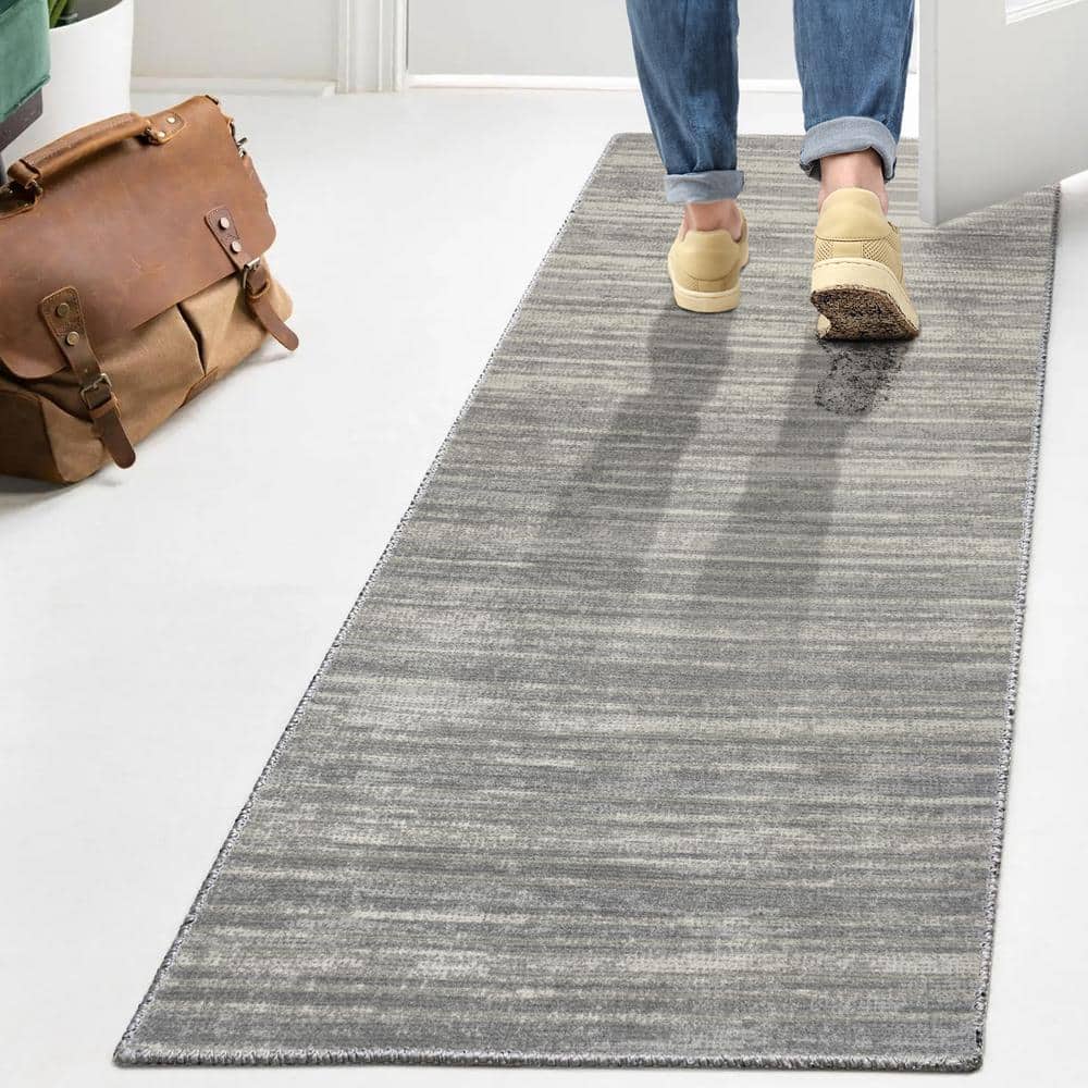 Cream and Light Gray Striped Washable Runner Rug
