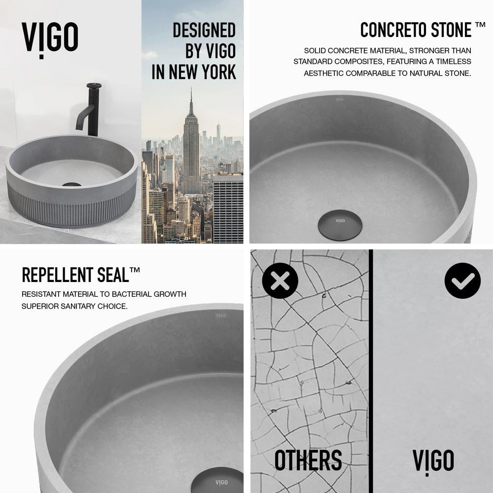 Matte Black Concrete Round Vessel Sink with Faucet