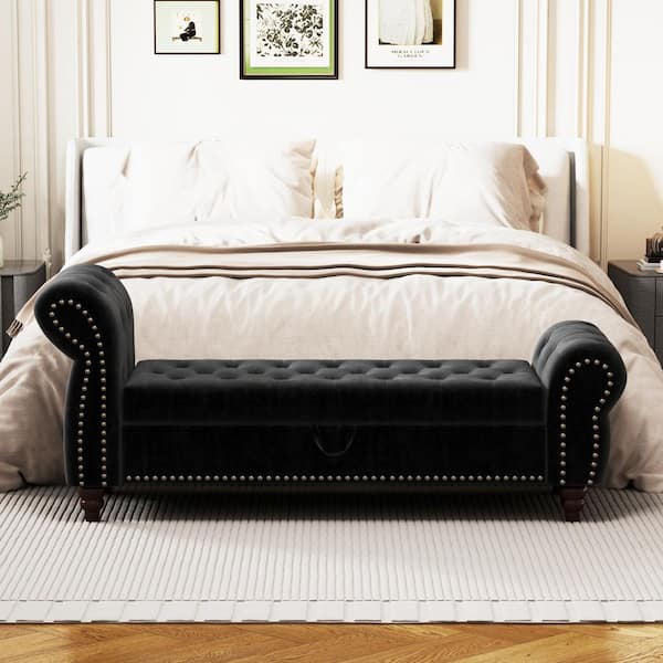 64.5 in. L Black Tufted Velvet Upholstered Chaise Lounge Bed Bench with Storage
