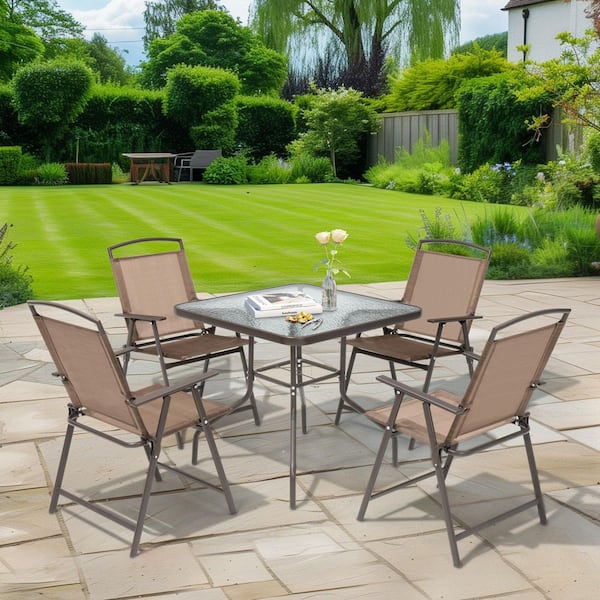 5-Piece Glass Patio Table and Chairs Metal Square Outdoor Dining Set with Umbrella hole in Brown