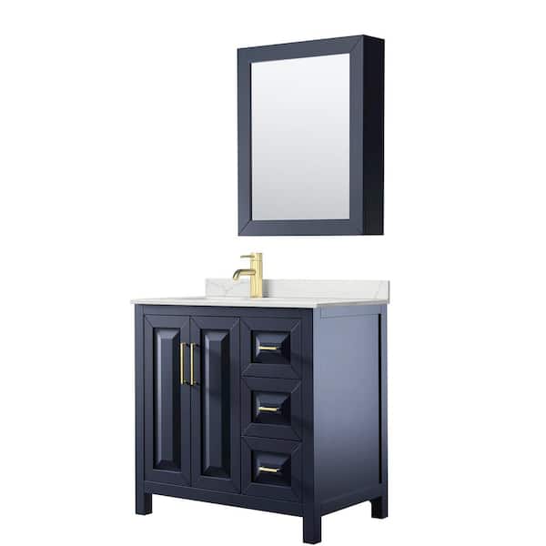 Wyndham Collection Daria 36 in. W x 22 in. D x 35.75 in. H Single Bath Vanity in Dark Blue with Giotto Quartz Top and Mirror