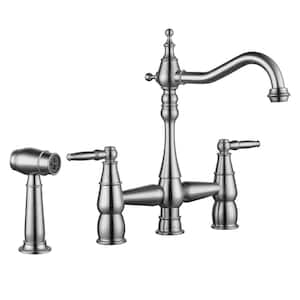 4 Hole Double Handle Bridge Kitchen Faucet with Side Sprayer Deck Mount in Brushed Nickel