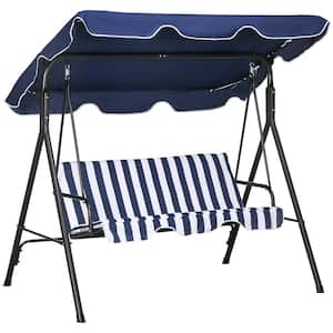 43.3 in. W 3-Person Black Metal Frame Patio Swing with Blue Removable Cushion and Blue Adjustable Tilt Canopy