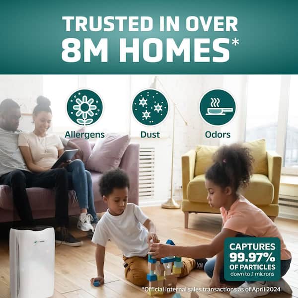 728 sq. ft. HEPA Pure Filter Console Air Purifier 18 in. White for Home, Timer, Wildfire Smoke, Dust, Odors, Allergens