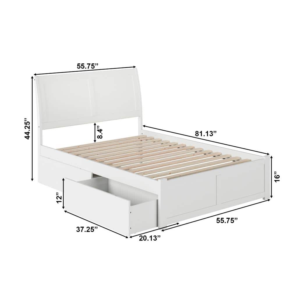 White Full Sleigh Wood Platform Bed with Storage Drawers