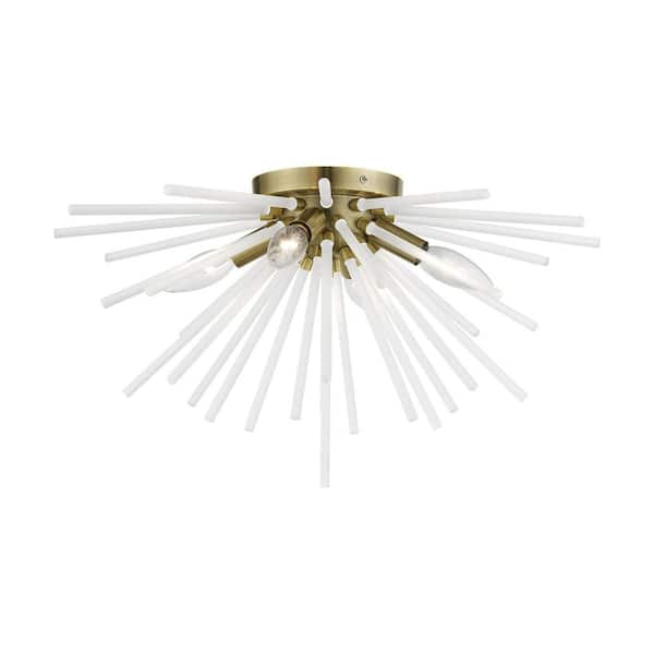 Wickford 20 in. 4-Light Antique Brass Sputnik Flush Mount with Acid Etched Rods