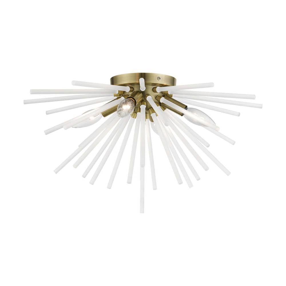 Elegant Uptown Antique Brass 4-Light Flush Mount with Acid Etched Rods