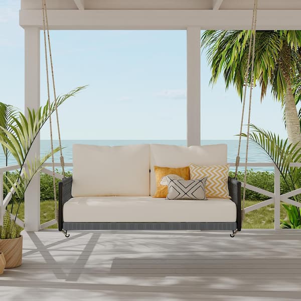 Clihome Sling Woven Rope Outdoor Swing Sofa Porch Swing with Beige Soft Cushions Seating for Patio, Courtyard and Balcony