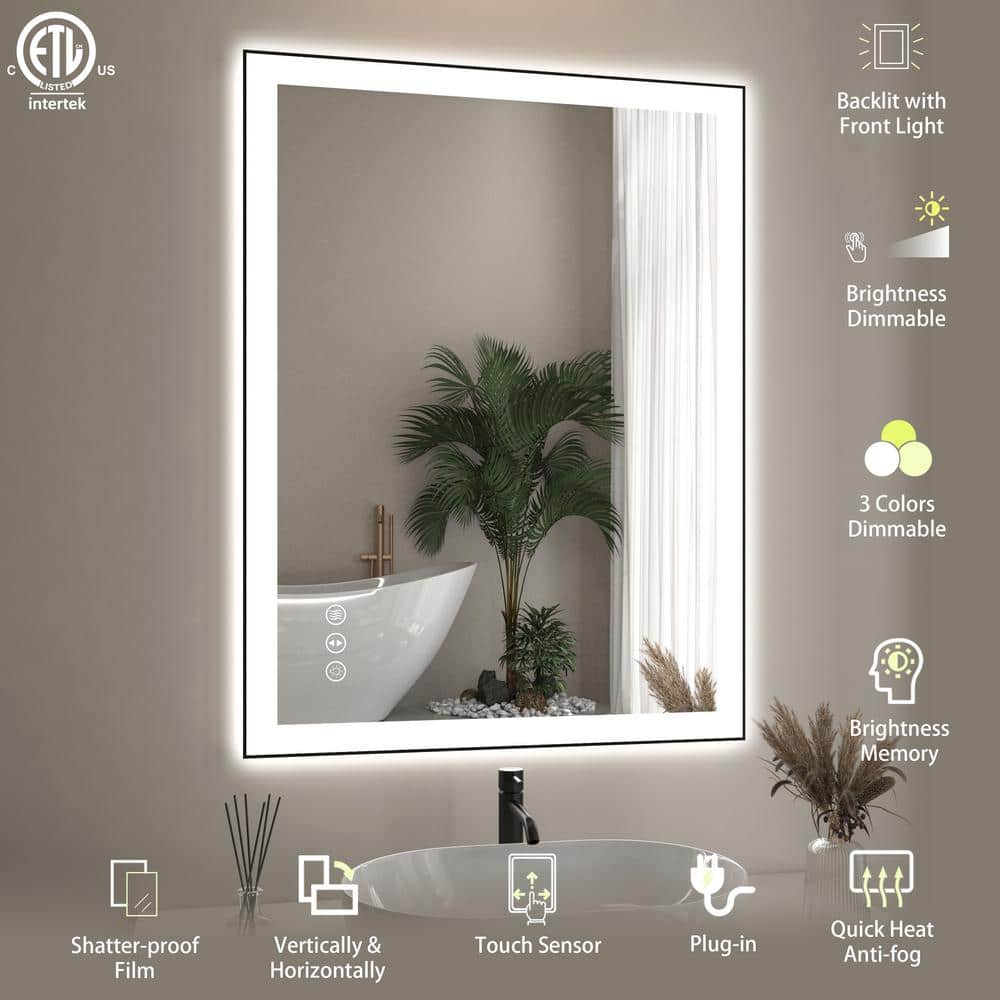 24x32 Inch Black Aluminum LED Vanity Mirror with Anti-Fog