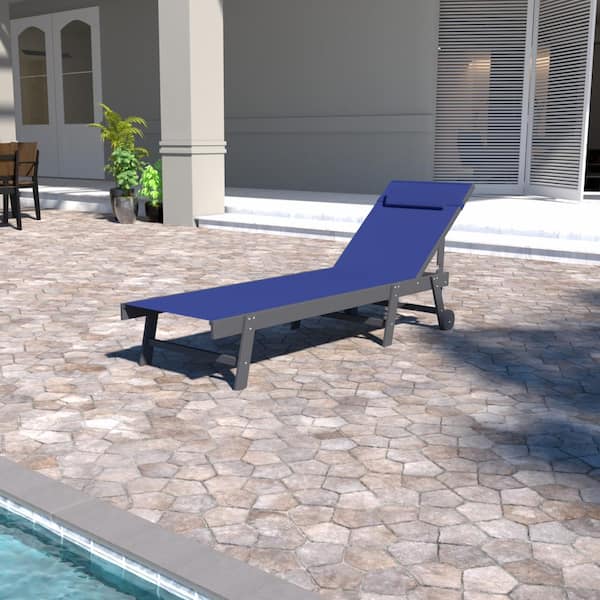 VEIKOUS HDPE Plastic Chaise Lounge Chair Outdoor with Pillow and Adjustable Five-Position Recliner for Patio, Blue