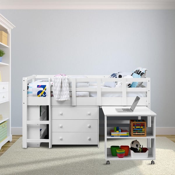 HOMESTOCK White Low Loft Bed Twin Loft Bed with Desk Kids Beds for Boy Solid Pine Wood Toddler Bed