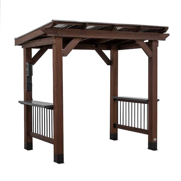 Backyard Discovery Saxony 8 ft. x 5 ft. All Cedar Wood Grill Gazebo with Hard Top Steel Roof, Powder Coated Steel Countertops and Electric