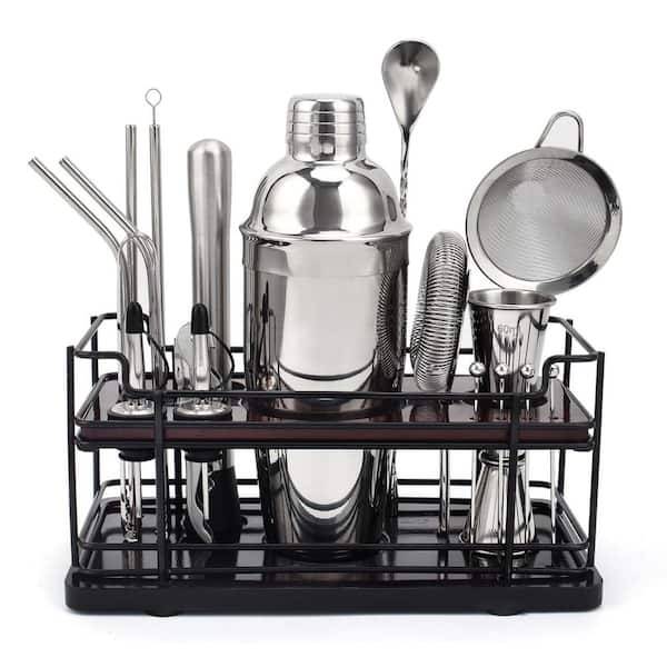25 oz. Silver Stainless Steel 20-Piece Complete Bartender Cocktail Shaker Set with Bamboo Stand Rack