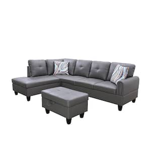 25 in. Round Arm 3-Piece Leather L-Shaped Sectional Sofa in Dark Gray
