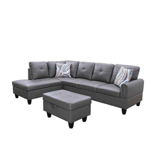 Star Home Living 25 in. Round Arm 3-Piece Leather L-Shaped Sectional Sofa in Dark Gray