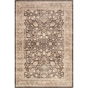 Cerise Floral Faded Spill-Proof Machine Washable Dark Brown 8 ft. x 10 ft. Area Rug
