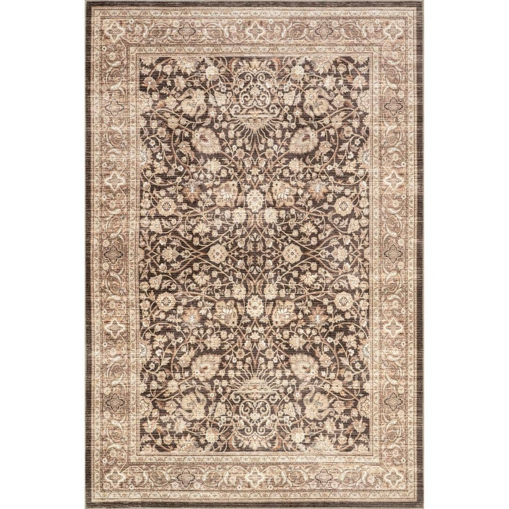 nuLOOM Cerise Floral Faded Spill-Proof Machine Washable Dark Brown 9 ft. x 12 ft. Area Rug