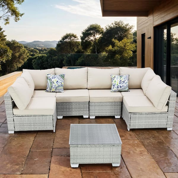 Unbranded Gray White 7-Pieces Vertical backrest Wicker Outdoor Fabric Sofa Sectional Set with Field Gray Cushions