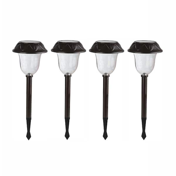 Hampton Bay Solar Charcoal Brown Outdoor Integrated LED Landscape Path Light with Seeded Glass Lens (4-Pack)