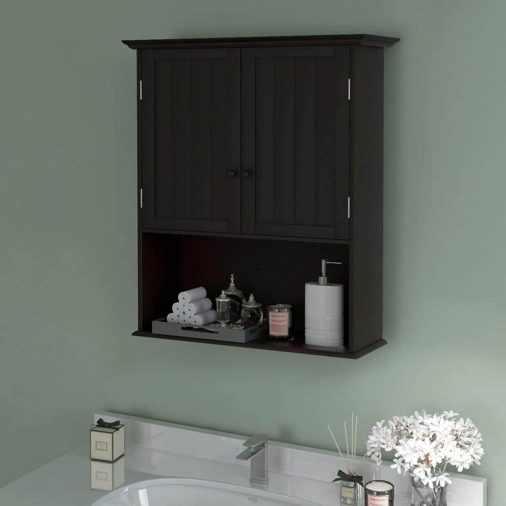 Espresso MDF Wall Mount Bathroom Cabinet with Open Shelf
