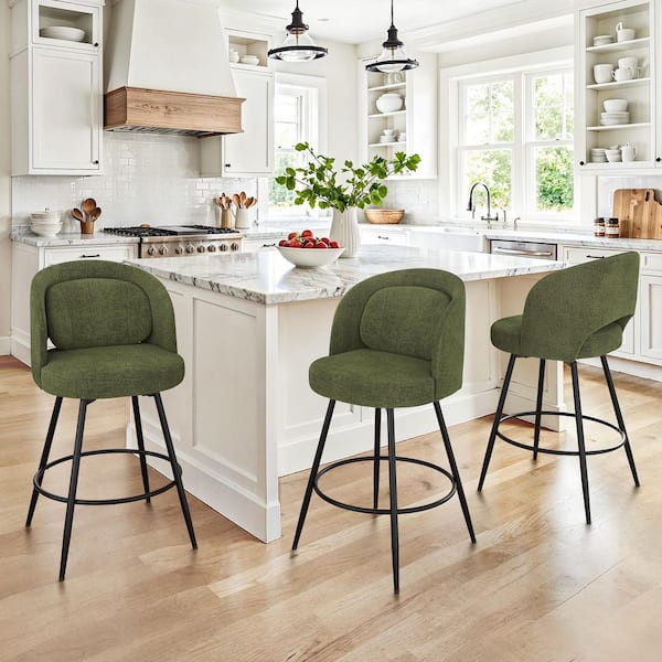 OrangeOne Audrey 26 in. Green Chenille Swivel Bar Stool Metal