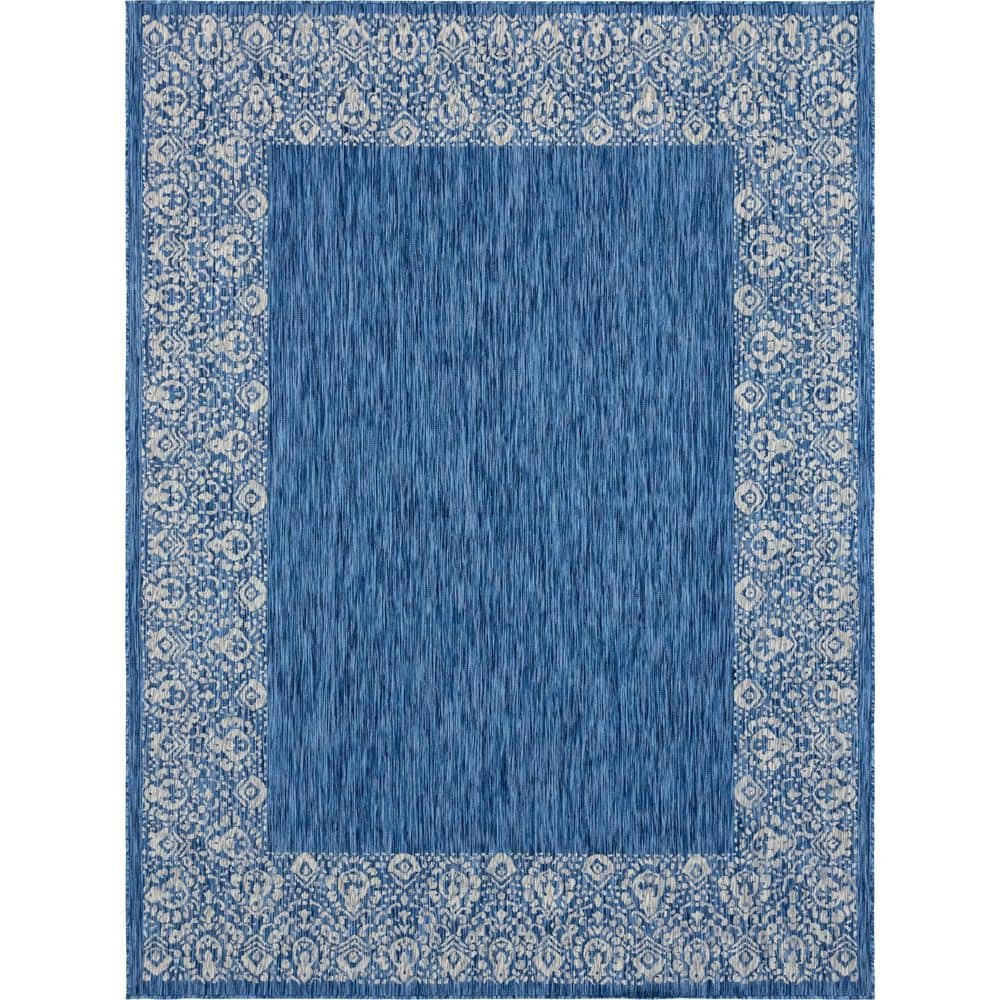 Blue Rectangular 9' x 12' Stain-Resistant Outdoor Rug