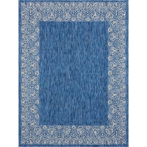 Azure/Grey 9 ft. x 12 ft. Floral Indoor/Outdoor Area Rug