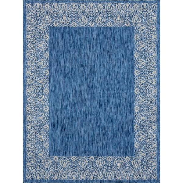 Unique Loom Azure/Grey 9 ft. x 12 ft. Floral Indoor/Outdoor Area Rug