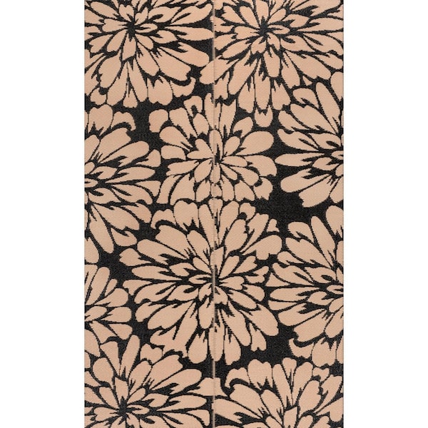 Bloom Modern Floral Foldable Waterproof Reversible Plastic Straw Black/Cream 9 ft. x 12 ft. Outdoor Rug