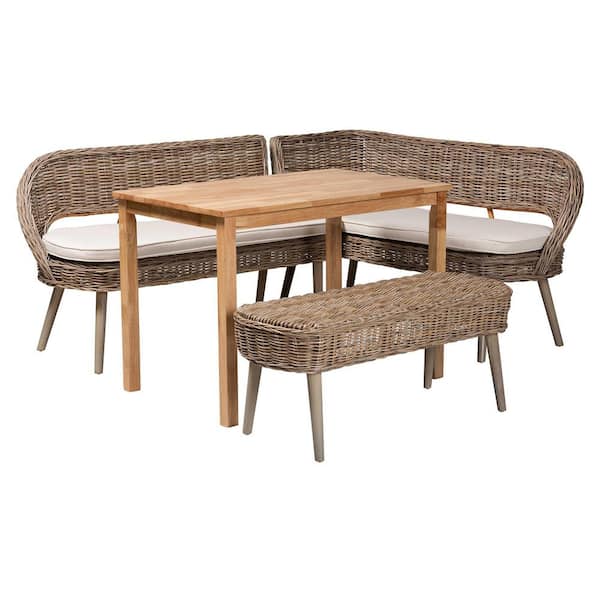 Baxton Studio Raisa 4-Piece Greywashed Rattan and Oak Brown Wood Top Dining Set
