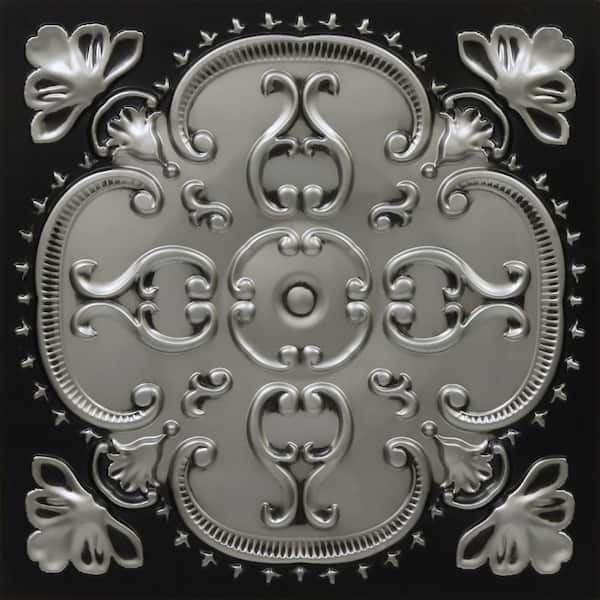 FROM PLAIN TO BEAUTIFUL IN HOURS Alhambra Antique Silver 2 ft. x 2 ft. Glue Up PVC Faux Tin Ceiling Tile (100 sq. ft./case)