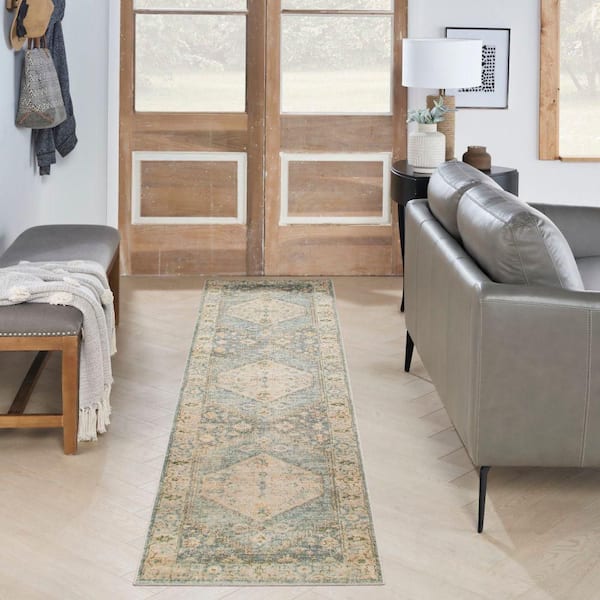 Astra Machine Washable Silver Blue 2 ft. x 12 ft. Center medallion Traditional Runner Area Rug