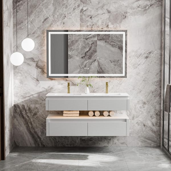 Wilton 48 in. W x 20.8in. D x 19.6 in. H Floating Bathroom Vanity Set in White with White Engineer Marble Countertop