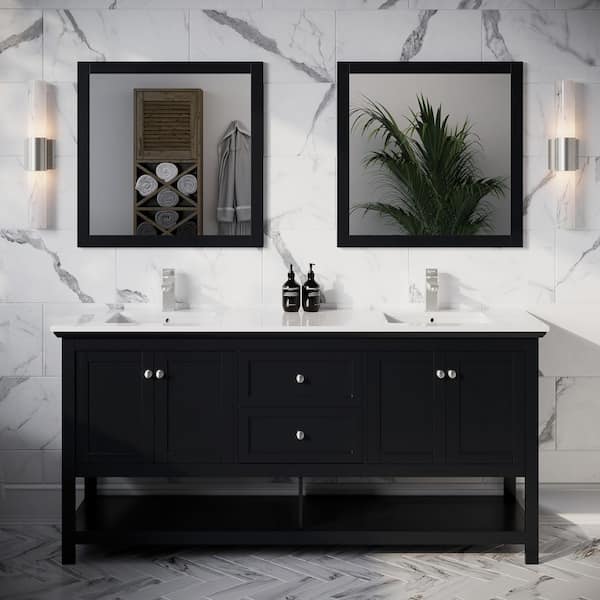 Fresca Manchester 72 in. Double Sink Shaker-Style Black Bath Vanity with White Quartz Top, Integrated Sink and Mirror