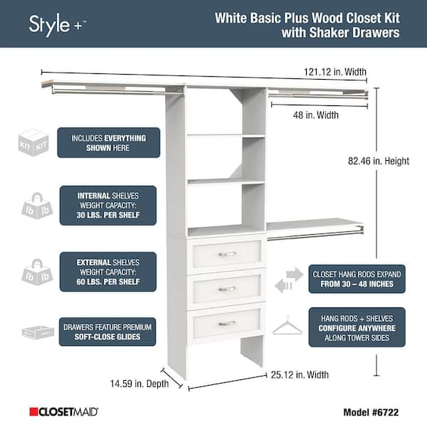 ClosetMaid Style+ 73.1 in W - 121.1 in W Coastal Teak Basic Wood Closet System Kit with Top Shelves and Modern Drawers