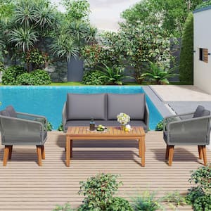 4-Piece Wood Patio Conversation Set with Solid Wood Loveseat, 2 Chairs and Table, Dark Gray Cushion and Gray Woven Rope