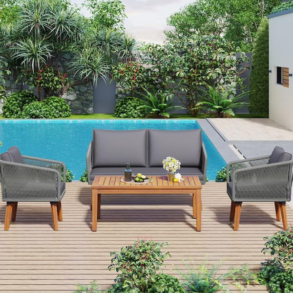 ToolCat 4-Piece Wood Patio Conversation Set with Solid Wood Loveseat, 2 Chairs and Table, Dark Gray Cushion and Gray Woven Rope