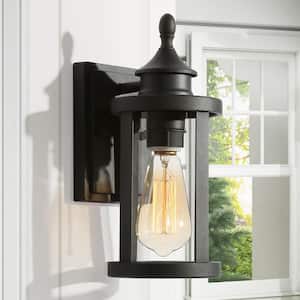 1-Light Matte Black Hardwired Outdoor Wall Lantern Sconce with Clear Glass Shade