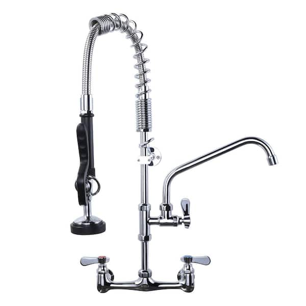 25 in. H Commercial Wall Mount Triple Handle Pull Down Sprayer Kitchen Faucet with Pre-Rinse Sprayer in Polished Chrome