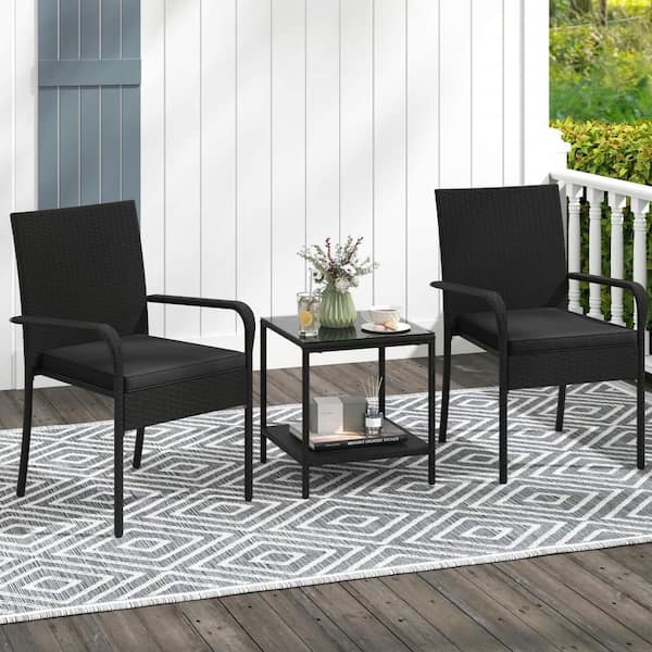 3 Piece Patio Furniture Set with 2-Tier Table Tempered Glass Tabletop and Soft Cushions Black