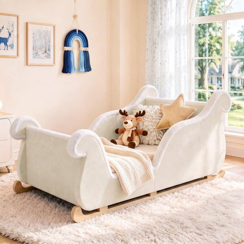Toddler Floor Bed Sleigh Bed Frame with Wood Slats Upholstered Toddler Beds Montessori Kid Bed, Safety Guardrails, White
