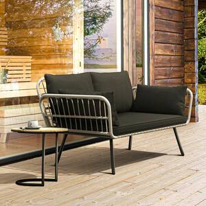Black Frame Gray Wicker Outdoor Loveseat with Black Cushion