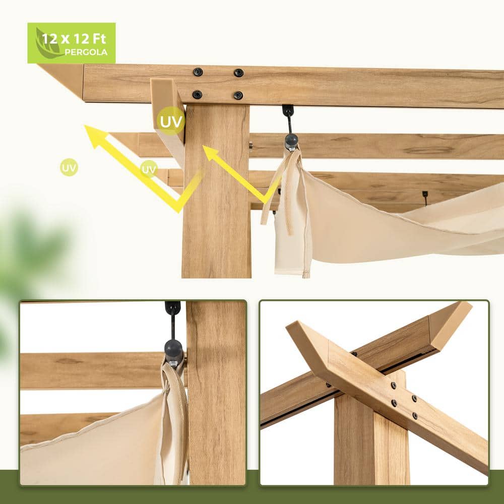 12 ft x 12 ft Beige Aluminum Pergola with Retractable Canopy