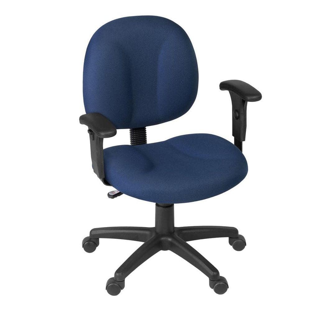 Three-quarter view of navy blue fabric swivel computer task chair