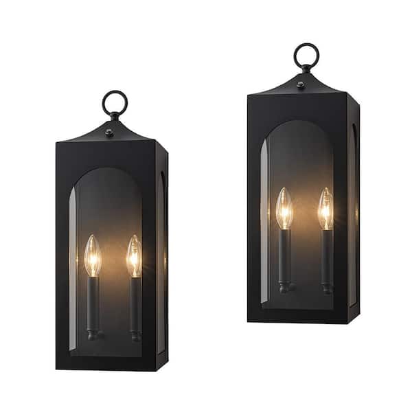 H20 in. 2-Lights E26 Large Dusk to Dawn Outdoor Wall Lantern Black Exterior Sconce with Dual Candle Lights (2 Pack)