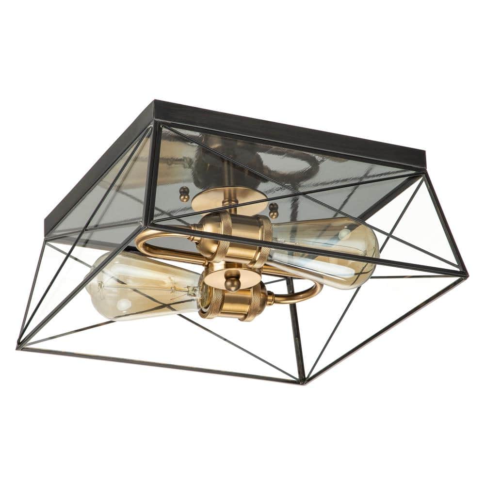 Modern Barn-Style Dark Bronze and Brass 11.75" Flush Mount with Clear Glass