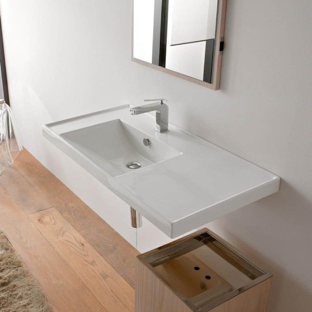 Glossy White Ceramic Wall-Mount Pedestal Sink with Overflow