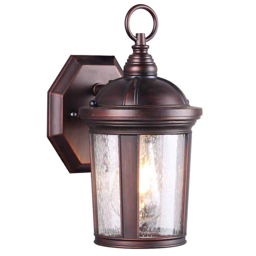 1-Light Bronze Seeded Glass Outdoor Wall Lantern Sconce with LED Bulb