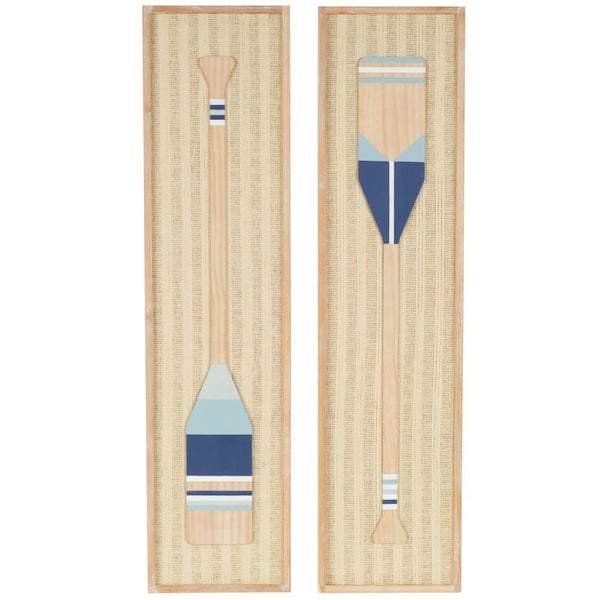 Litton Lane 12 in. x 48 in. Wood Cream Paddle Wall Art Decor with Blue and White Stripes and Woven Paper Backing (Set of 2)