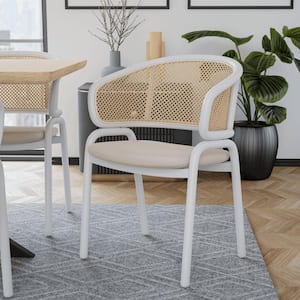 Ervilla Modern Dining Armchair with White Powder Coated Steel Legs and Wicker Back, Beige